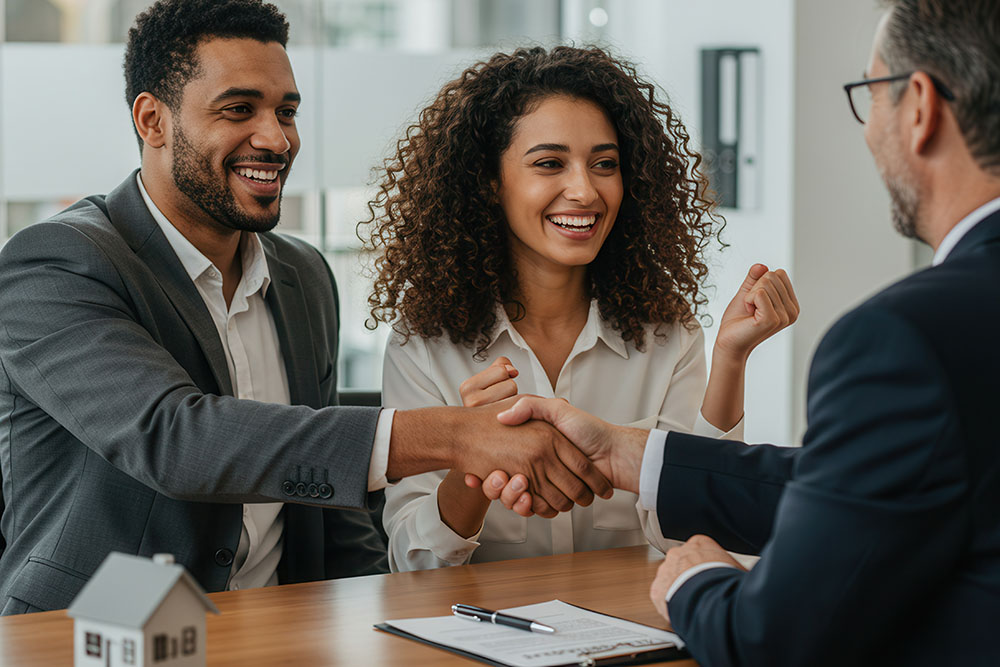 couples signing mortgage documents with a loan signing agent who is a notary public
