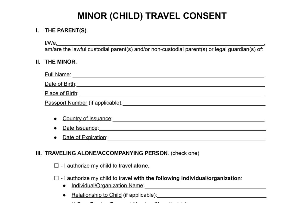 minor child travel consent form sample
