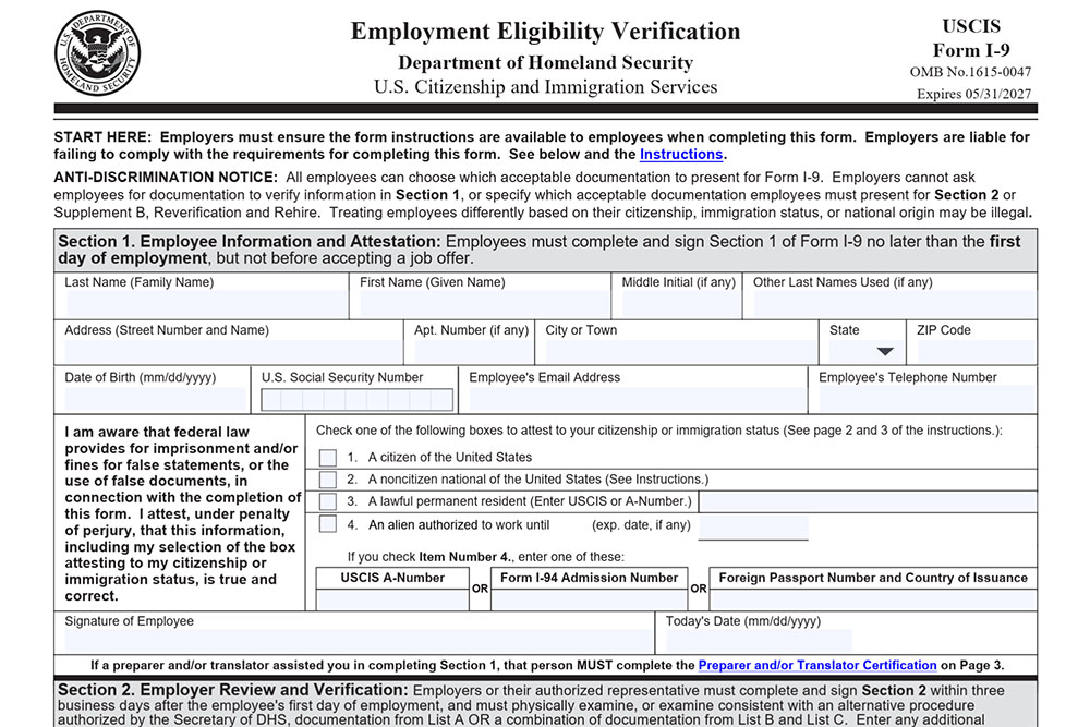 uscis form i9 employee eligibility verification form
